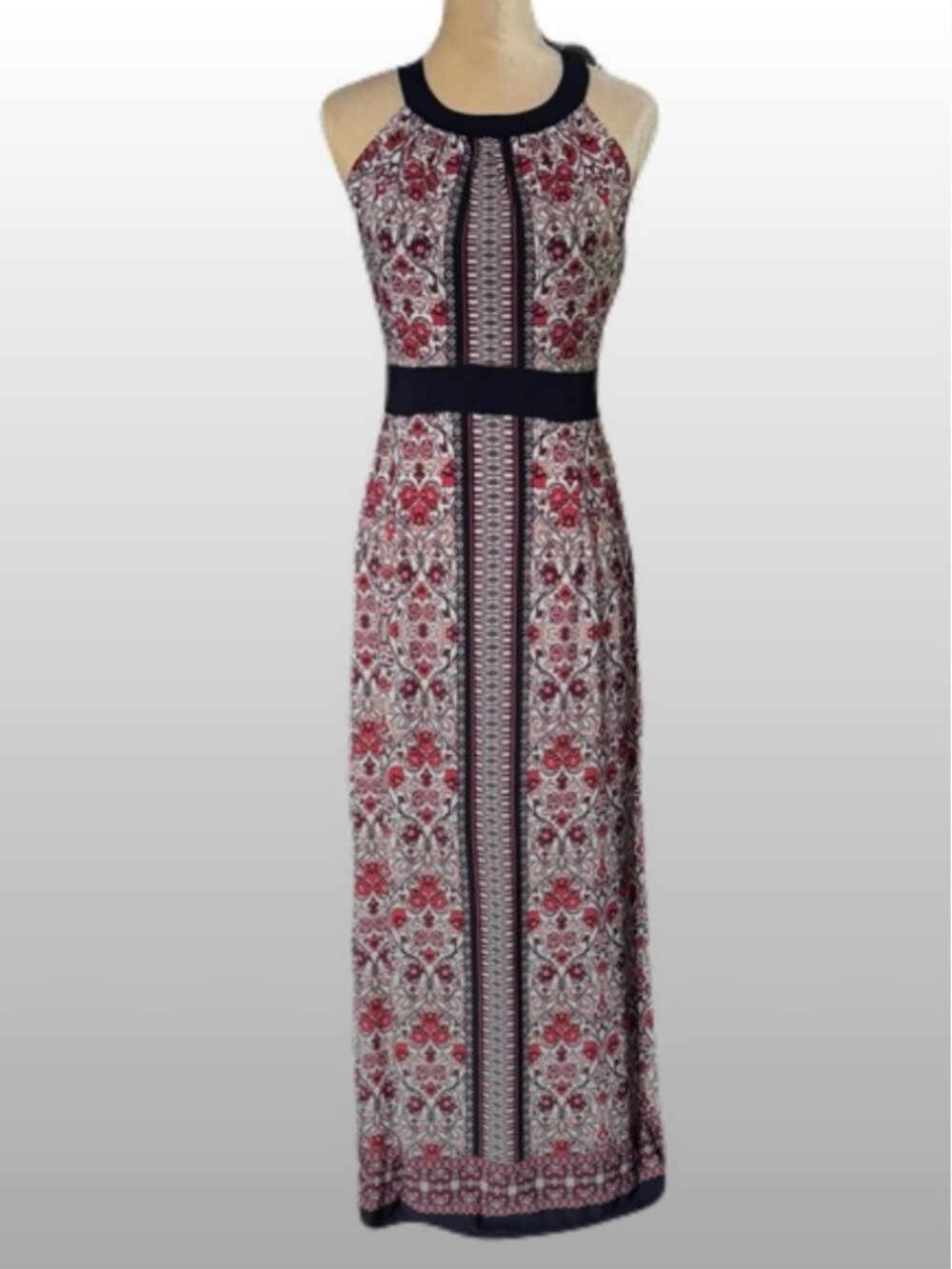 Womens Maxi Dress Black Red Floral Paisley Halter Sleeveless Boho Elegant Size 8